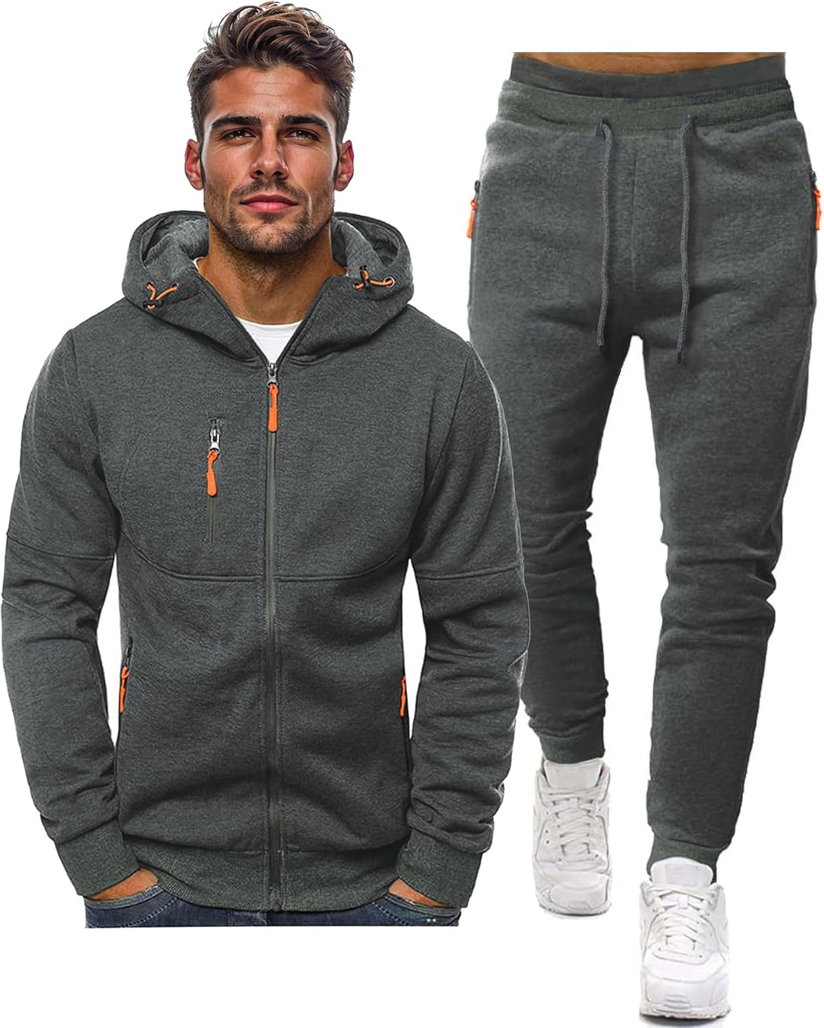 Men's tracksuit set slim fit, lightweight breathable pullover and trousers, casual sporty