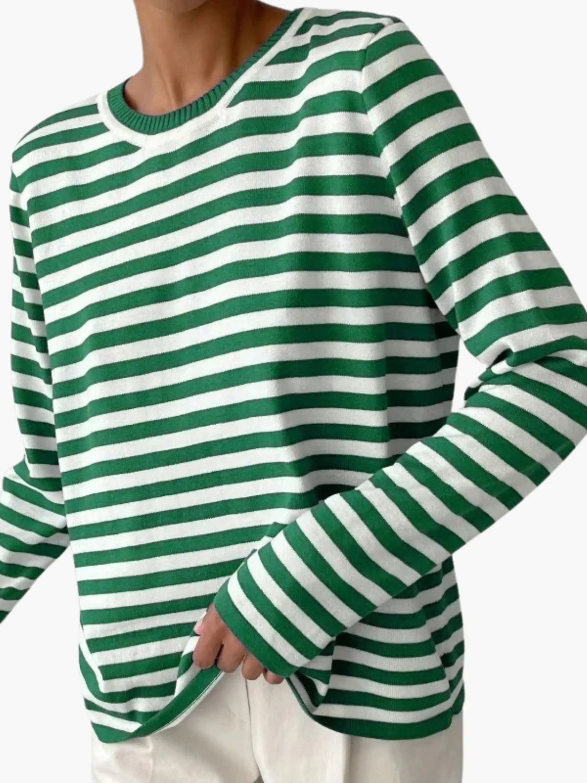 Striped knit sweater women's relaxed fit round neck long sleeve