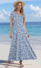 Women's bohemian maxi dress with crossover V-neckline, empire waist and side pockets