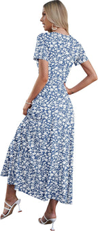 Women's bohemian maxi dress with crossover V-neckline, empire waist and side pockets
