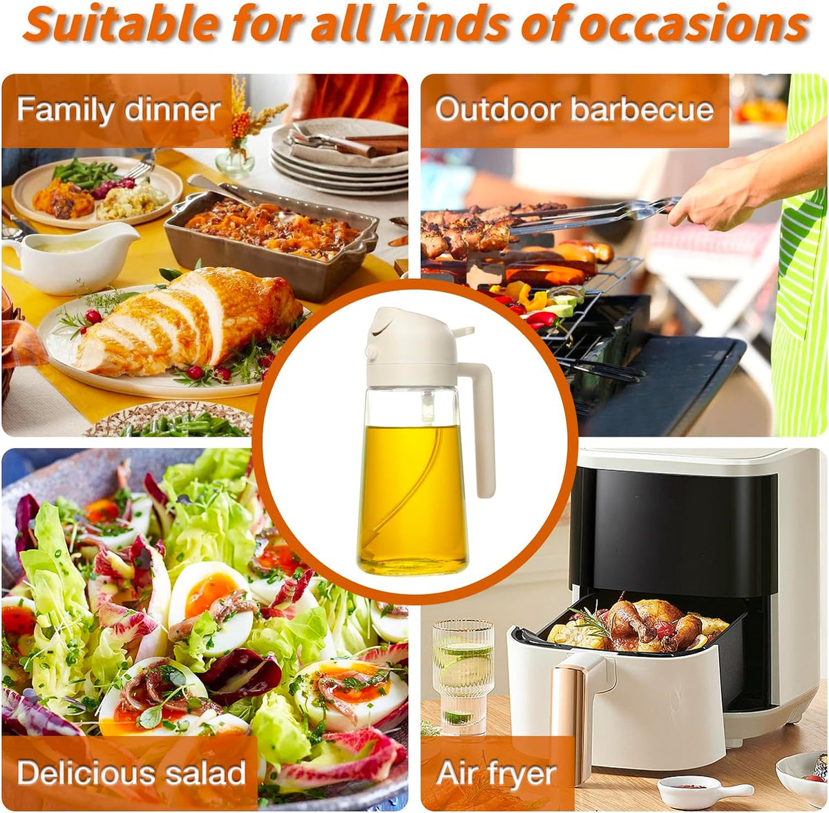 Olive oil sprayer bottle 2-in-1 spray and pour 470mL food-grade glass