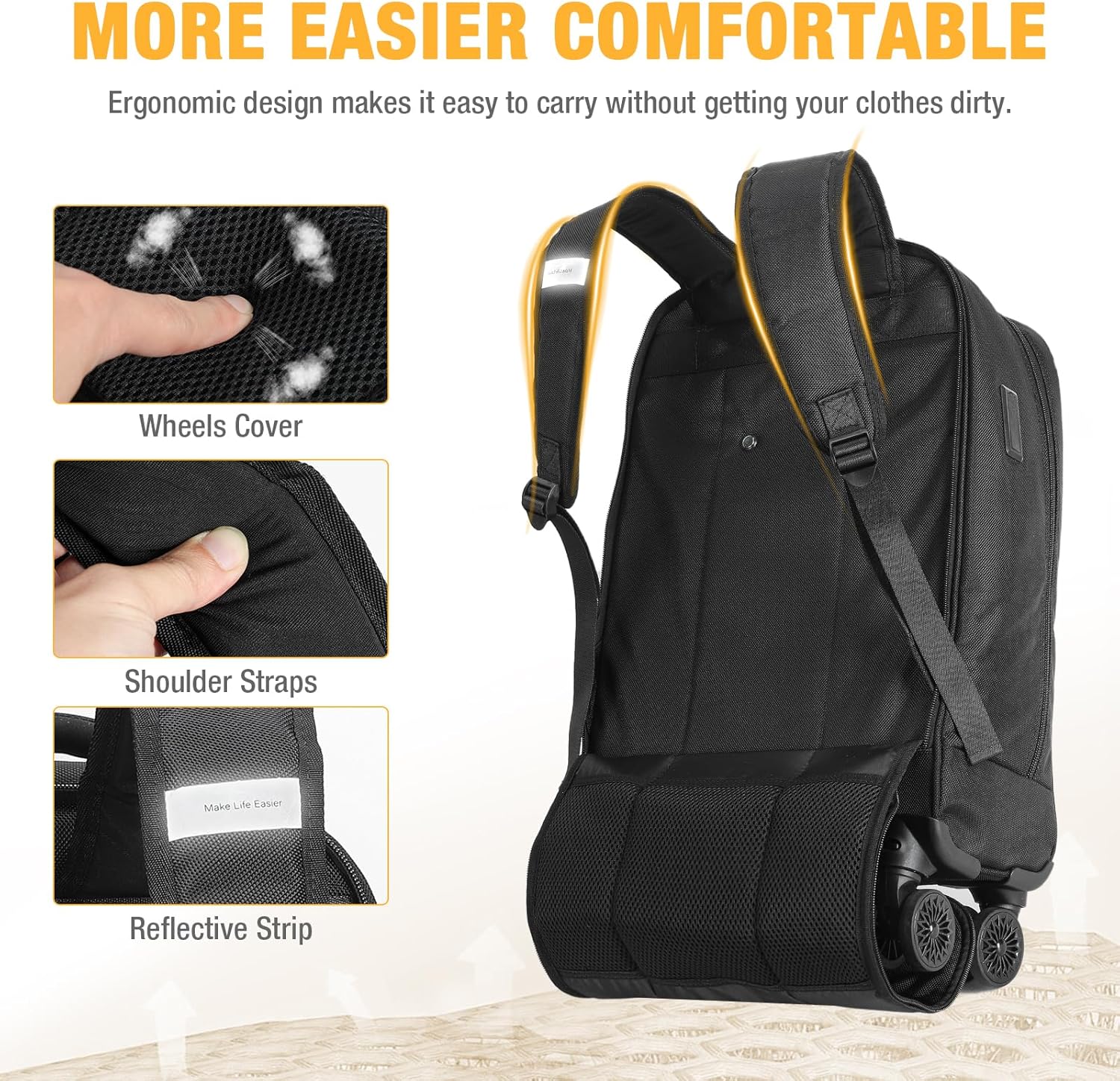 Rolling laptop backpack 30L black with 4 spinner wheels and water-resistant nylon