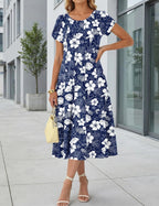 Women's blue midi A-line dress with puff sleeves and pockets