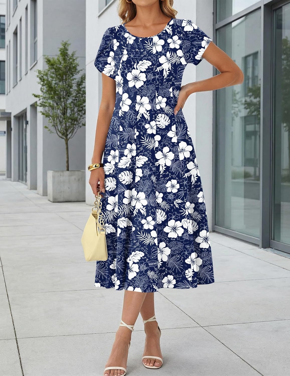 Women's blue midi A-line dress with puff sleeves and pockets