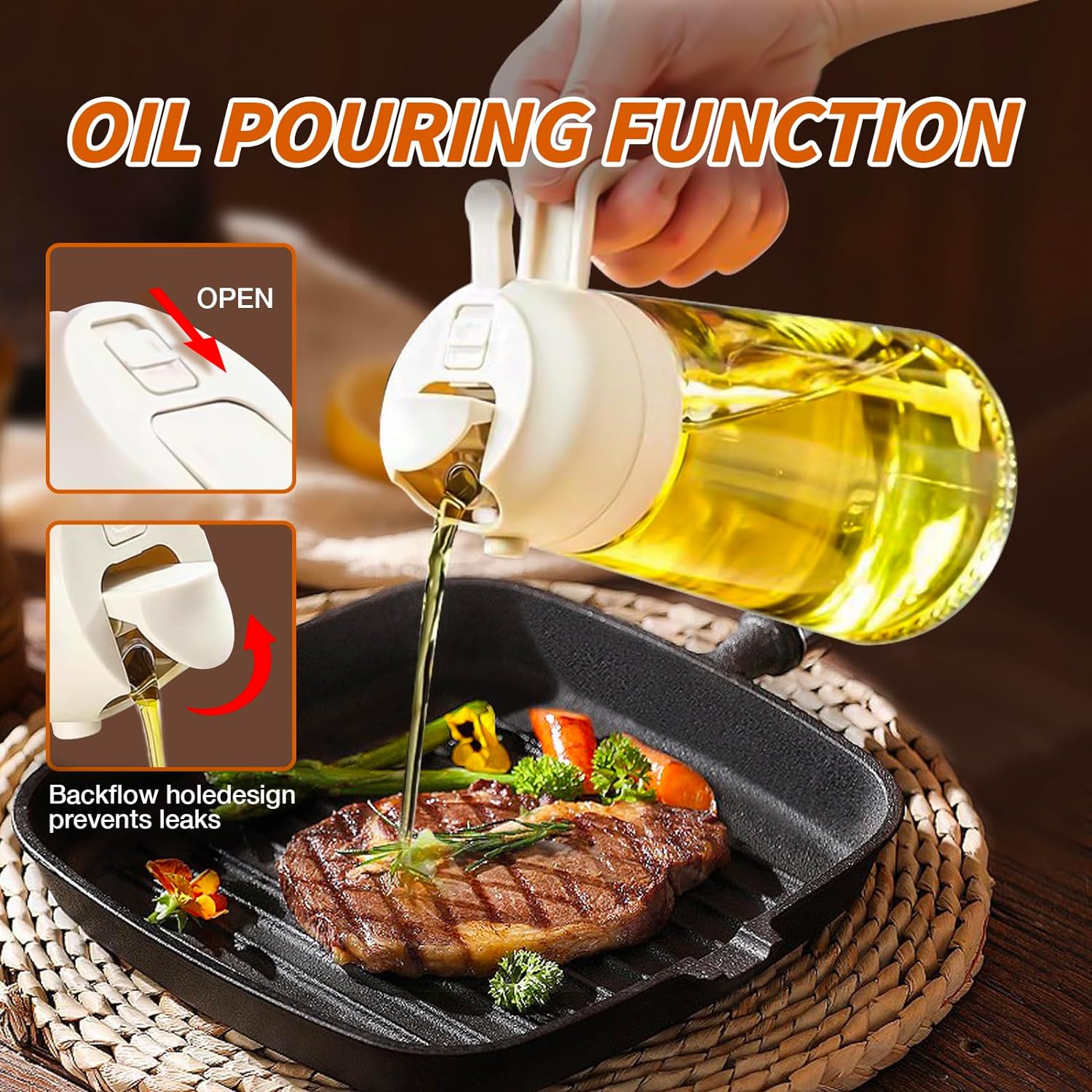 Olive oil sprayer bottle 2-in-1 spray and pour 470mL food-grade glass