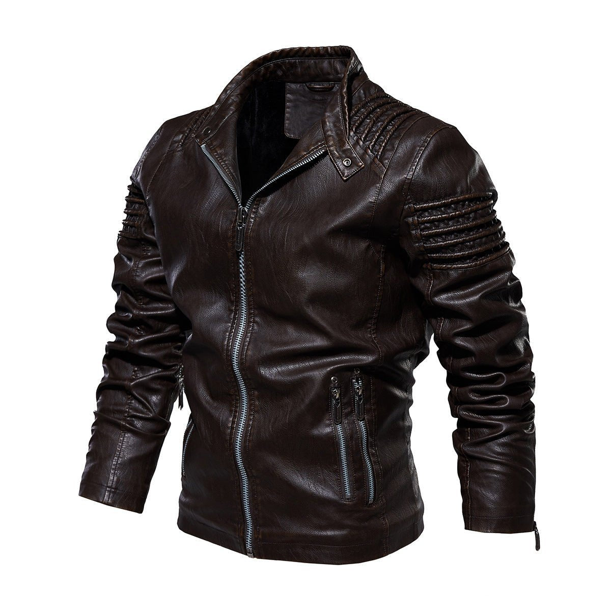 Men's faux leather biker jacket with ribbed sleeves and fleece lining, slim fit