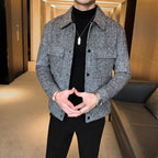 Men plaid shirt jacket relaxed fit button-up in grey and taupe