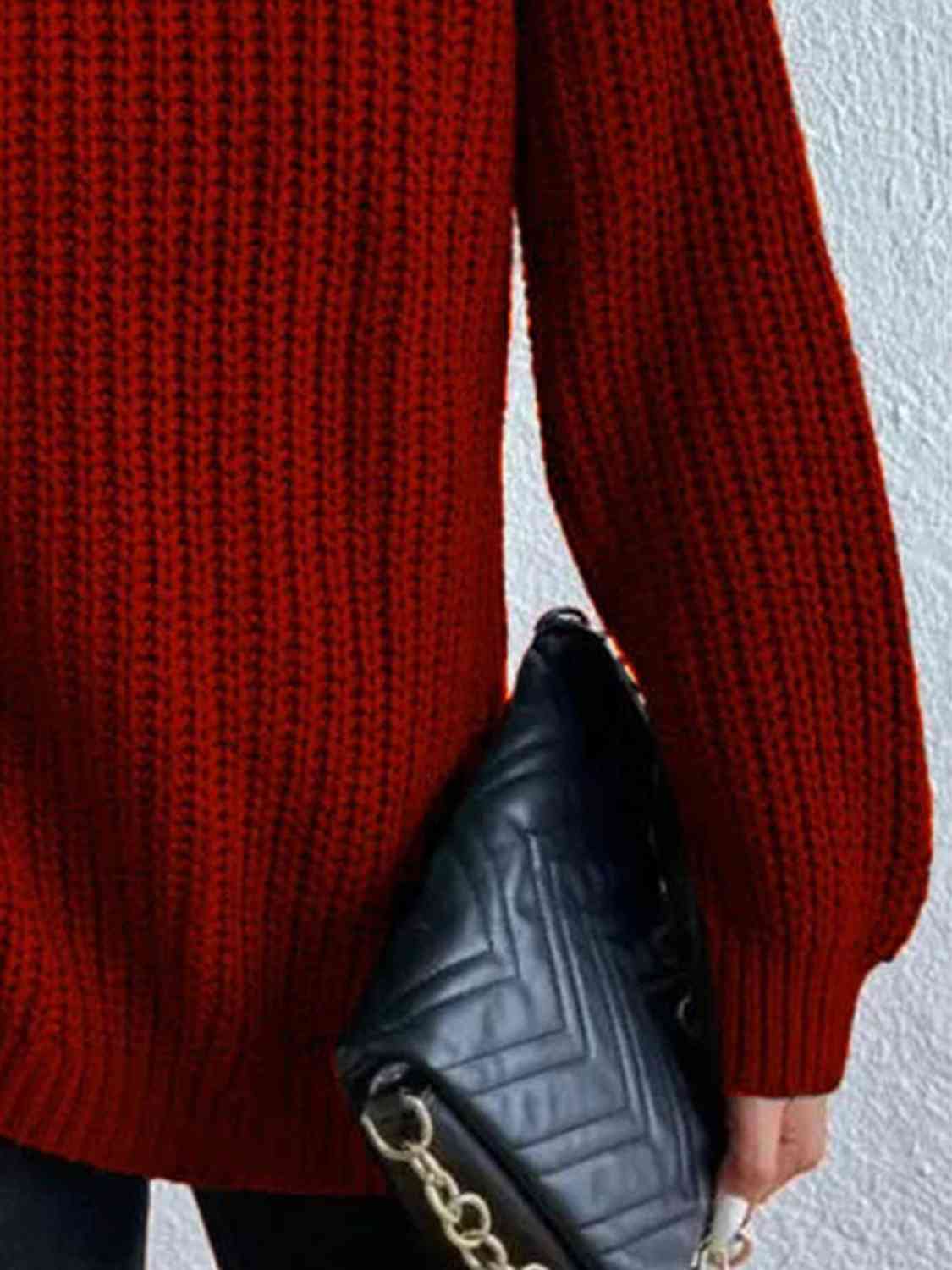 Women ribbed knit turtleneck sweater with side slit hem, autumn winter