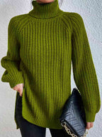 Women ribbed knit turtleneck sweater with side slit hem, autumn winter