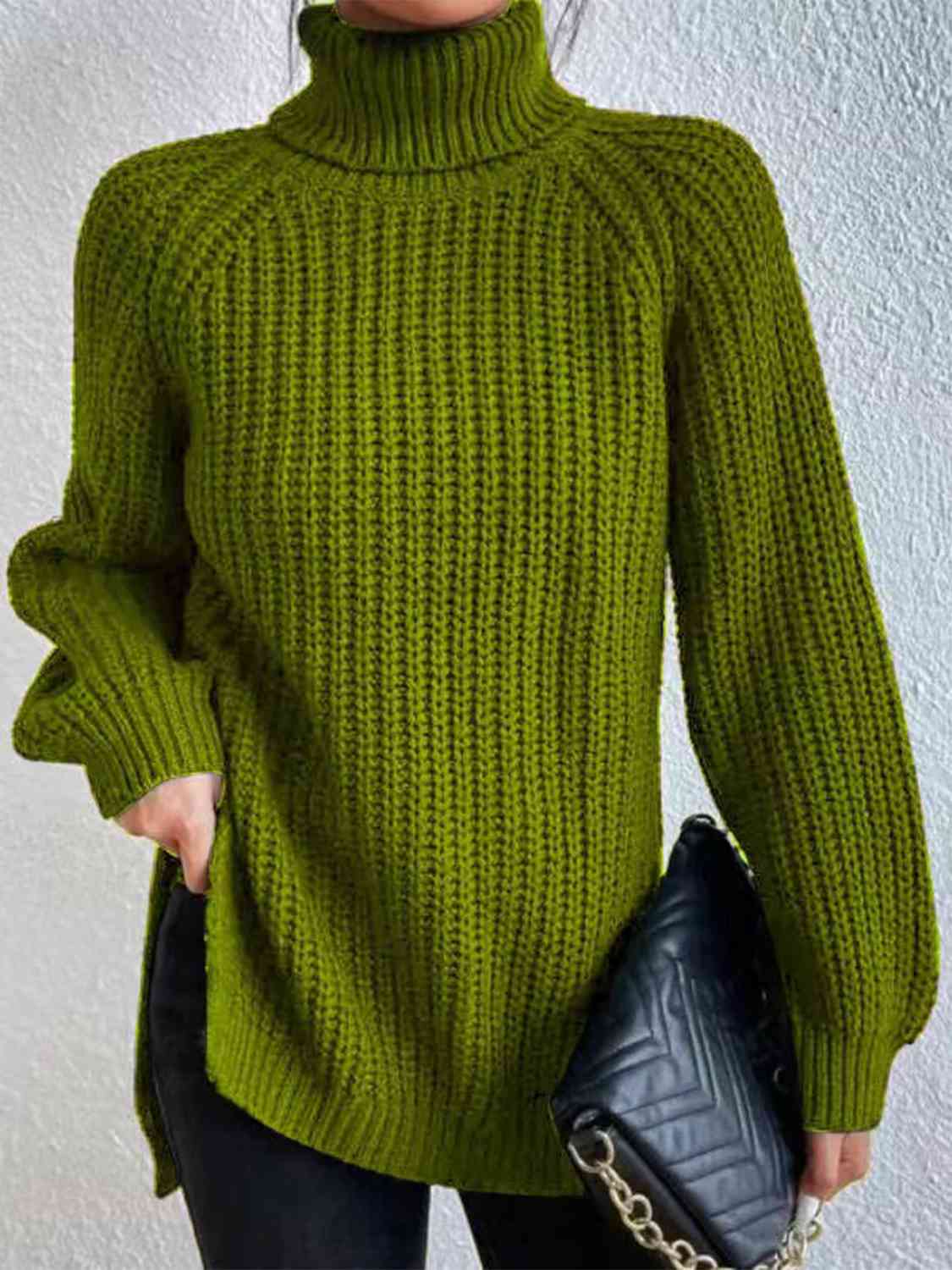 Women ribbed knit turtleneck sweater with side slit hem, autumn winter