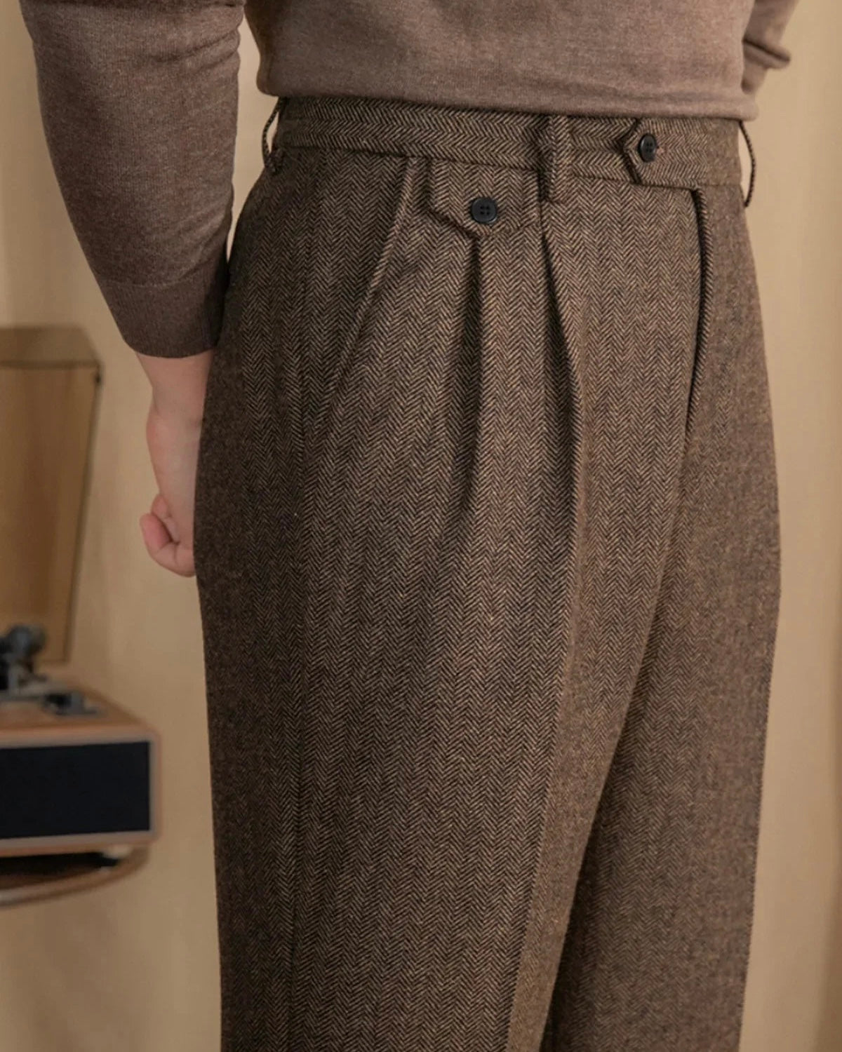 Men's herringbone wool trousers high waist pleated front tailored fit