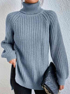 Women ribbed knit turtleneck sweater with side slit hem, autumn winter