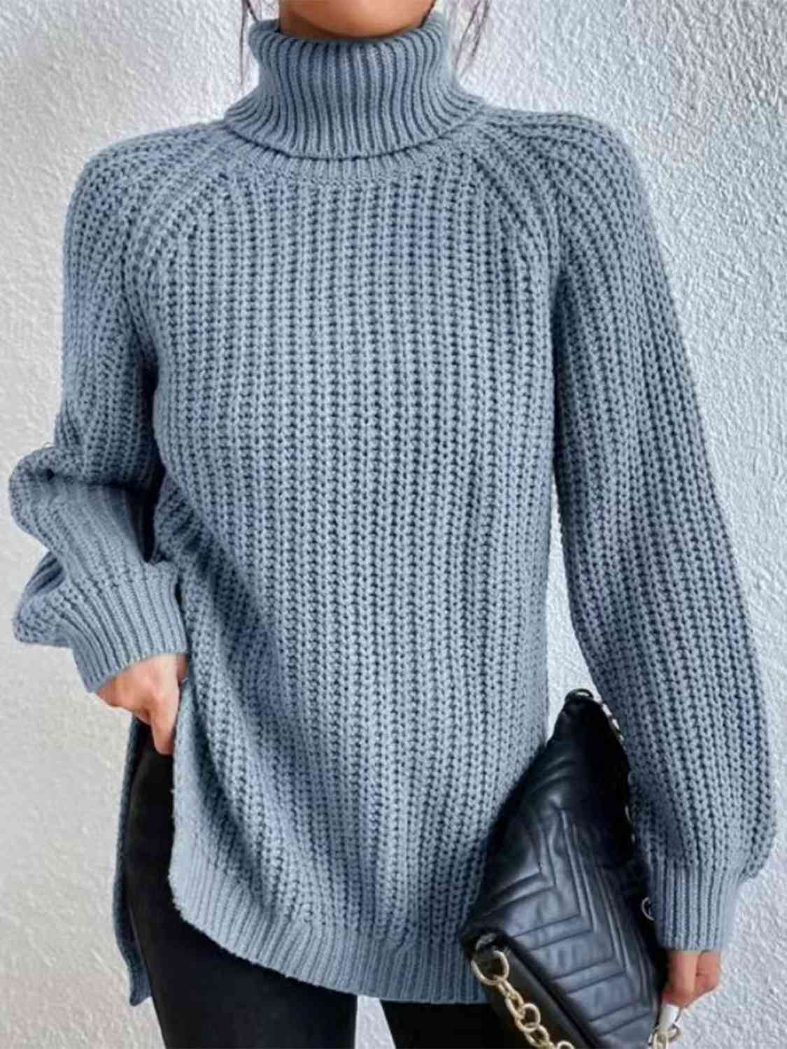 Women ribbed knit turtleneck sweater with side slit hem, autumn winter
