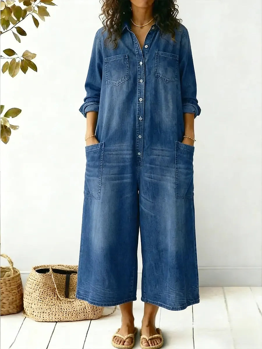 Women denim wide leg jumpsuit long sleeve button-up front casual style