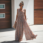 Floral maxi dress sleeveless with high slit and tie waist, summer holiday dress
