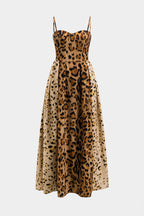 Women leopard print midi dress with corset bodice and flowing skirt