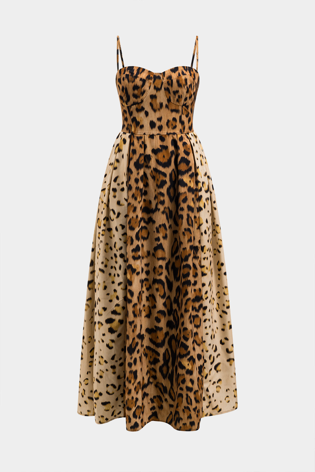 Women leopard print midi dress with corset bodice and flowing skirt