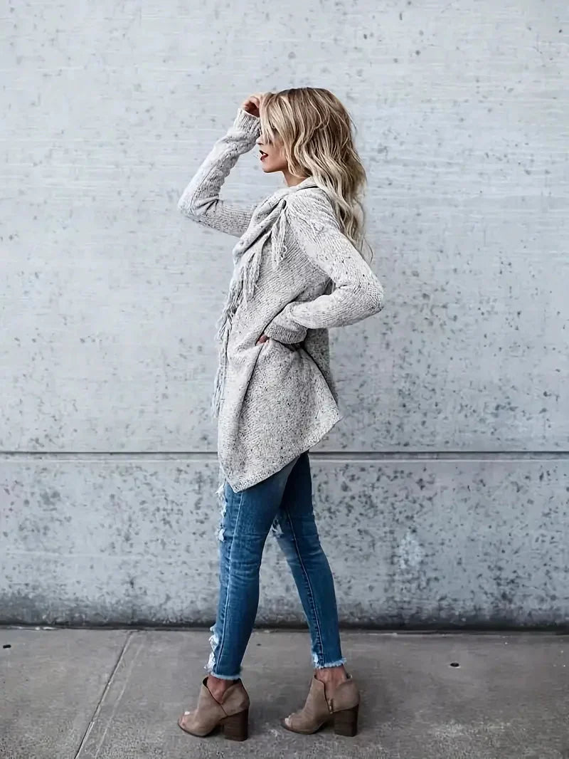 Women fringe collar tunic knit sweater relaxed longline fit cold weather