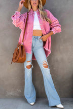 Women oversized denim jacket with fringe detail and button-front closure