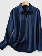 Women's satin button-up blouse, flowing silhouette, summer office style