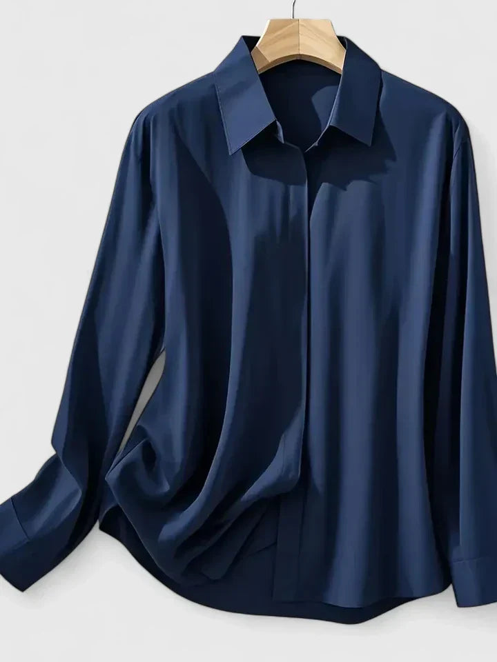 Women's satin button-up blouse, flowing silhouette, summer office style