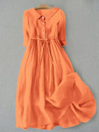 Women linen cotton midi dress minimalist silhouette in light blue orange white