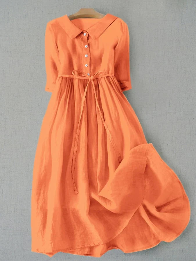 Women linen cotton midi dress minimalist silhouette in light blue orange white