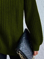 Women ribbed knit turtleneck sweater with side slit hem, autumn winter