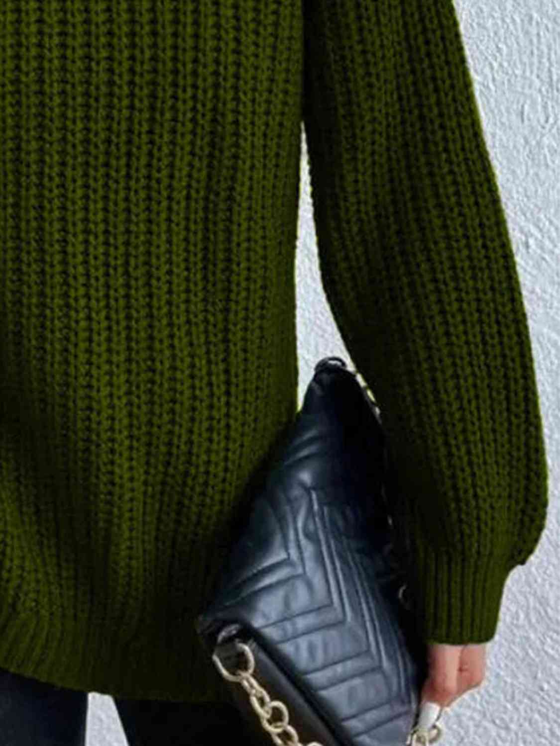 Women ribbed knit turtleneck sweater with side slit hem, autumn winter