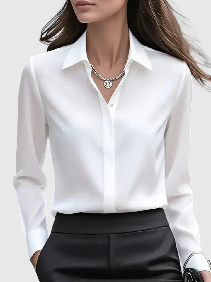 Women's satin button-up blouse, flowing silhouette, summer office style