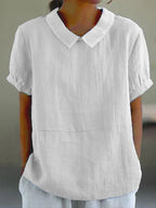 Women short sleeve blouse with open collar in soft woven fabric