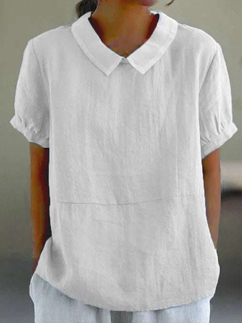 Women short sleeve blouse with open collar in soft woven fabric