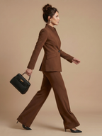 Women 2 Piece Suit stand collar tailored jacket with flared trousers