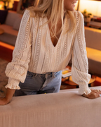 Women crochet blouse V neck long puff sleeves bohemian style