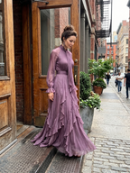 Women tie neck ruffle tiered maxi dress long sleeve purple flowing
