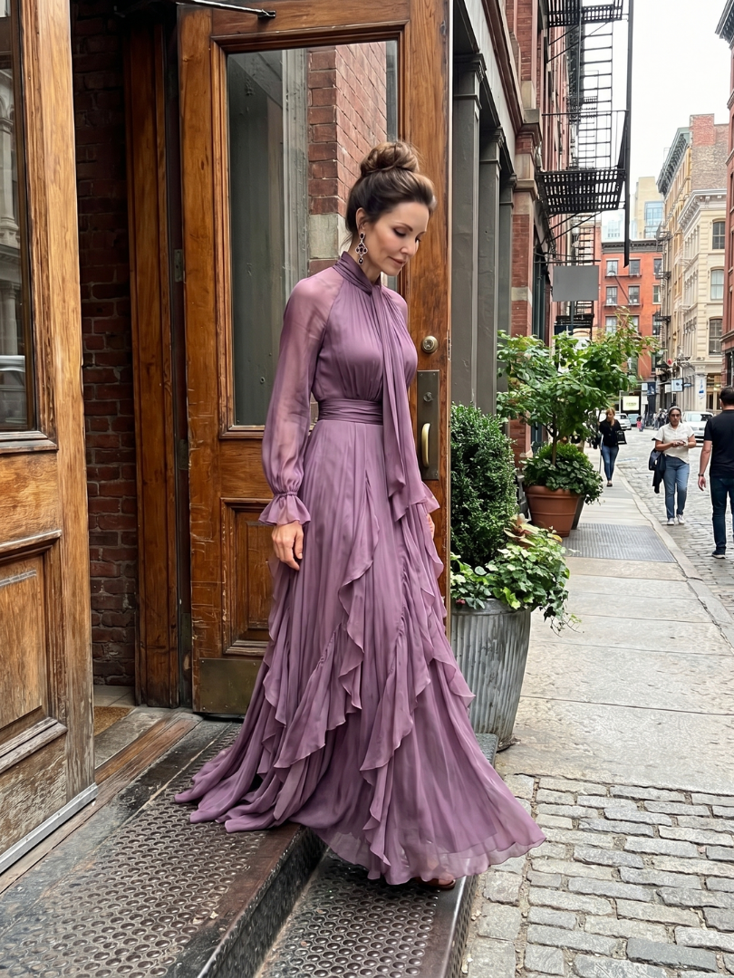 Women tie neck ruffle tiered maxi dress long sleeve purple flowing