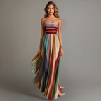 Women's strapless maxi dress with pleated panel skirt, full length formal silhouette