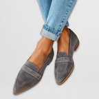Women's orthopedic suede loafers, cushioned slip-on, available in khaki, gray, black and leopard