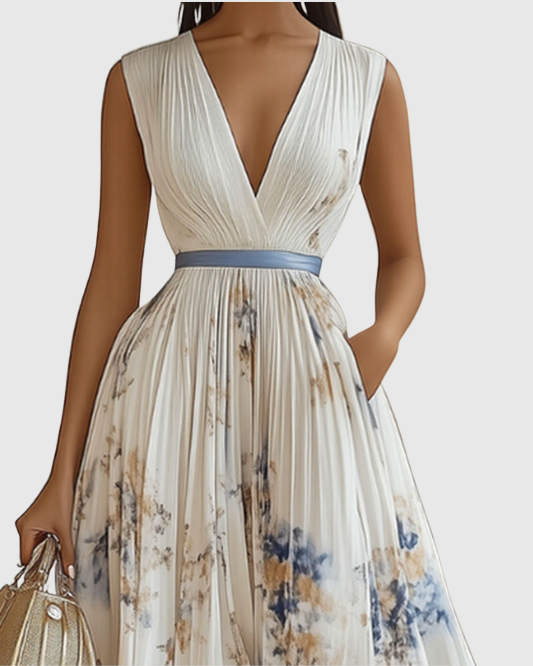 Pleated maxi dress V-neck long sleeve with ribbon-tie waist and floral pattern