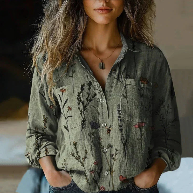 Women's cotton blouse with vintage print and long sleeves, relaxed fit summer shirt