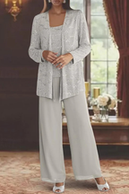 Women's evening three-piece set with wide-leg trousers and open-front jacket, XS–2XL