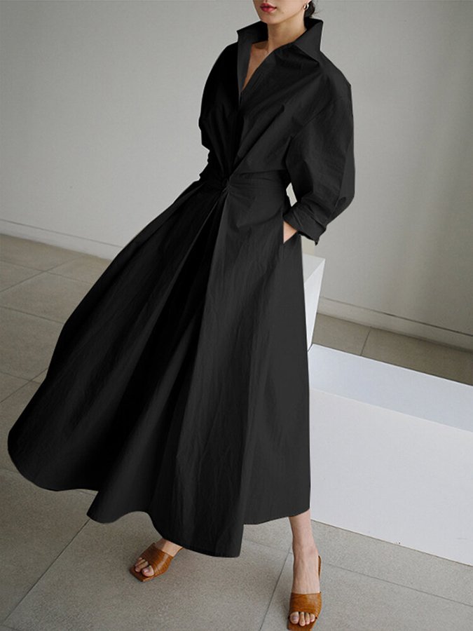 Women's midi shirt dress with button-front closure and adjustable belted waist