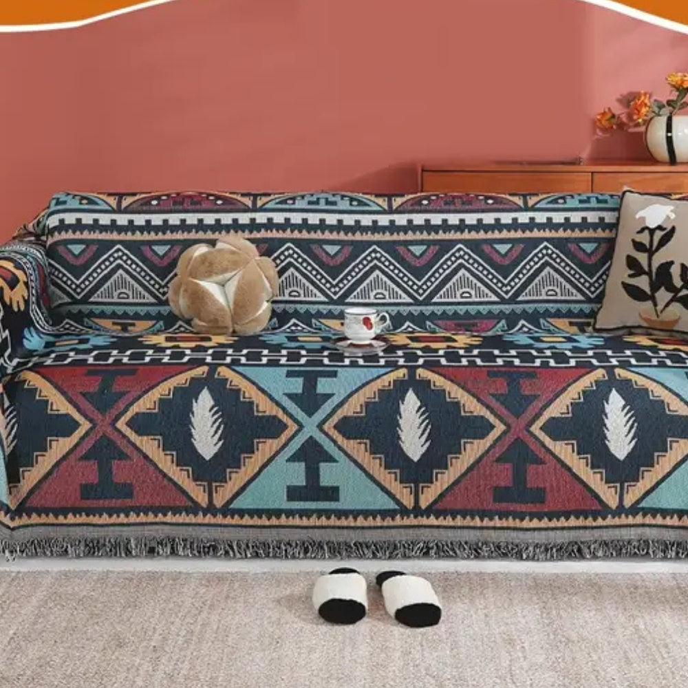 Aztec geometric pattern sofa cover boho tassel microfiber