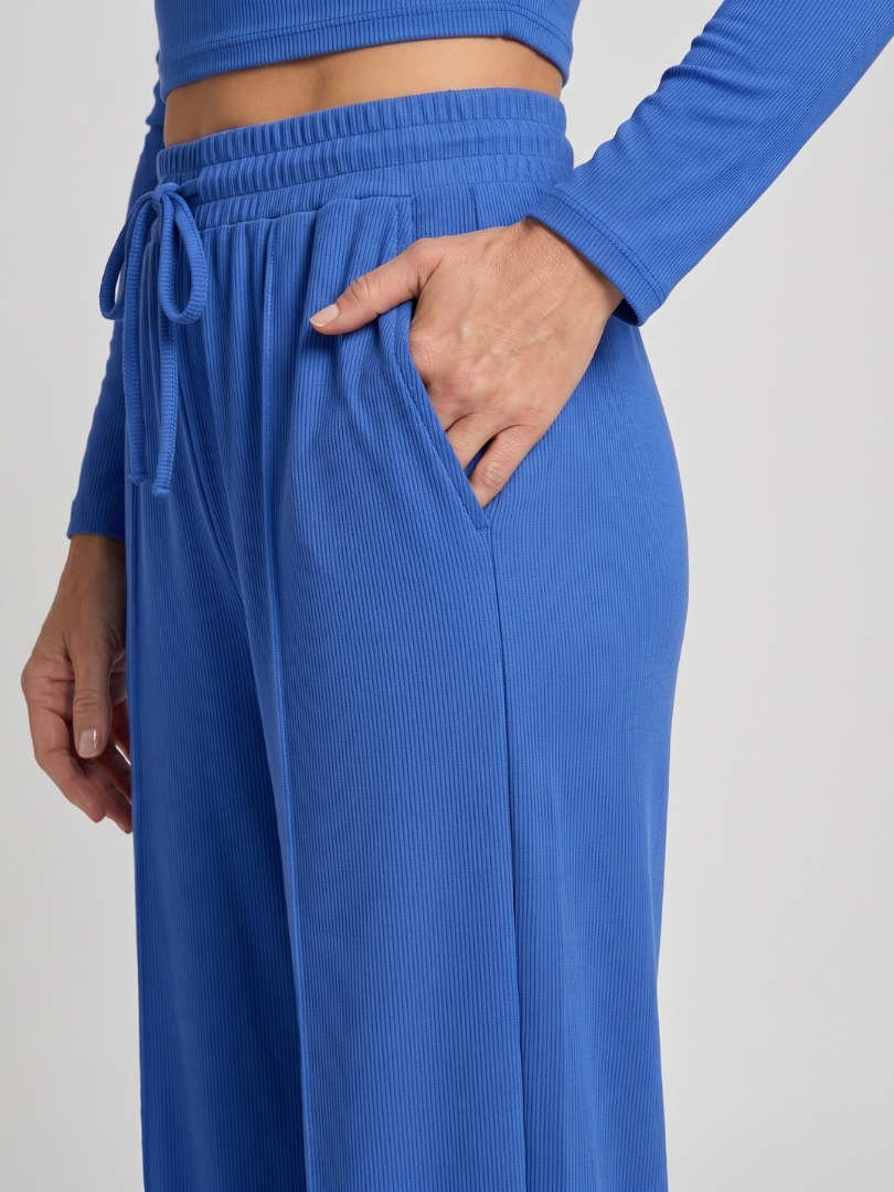 Women 2 piece long sleeve crew neck crop top wide leg pants set
