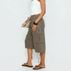 Women's camo cargo shorts longline baggy fit with flap pockets, streetwear style