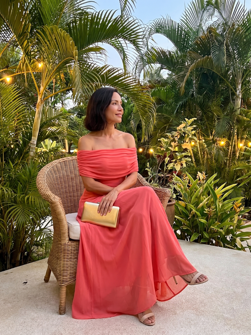 Women off shoulder draped midi dress with sheer overlay and flowing skirt