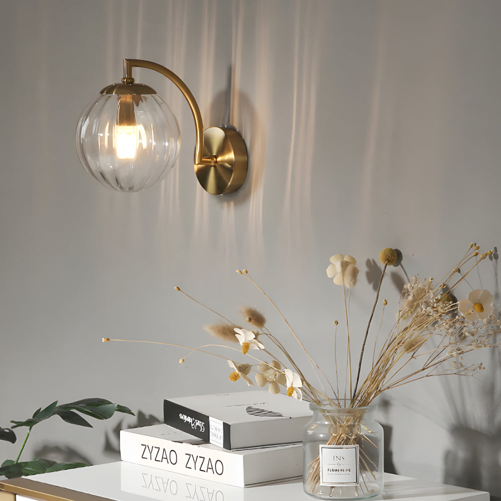 Wall lamp curved arm spherical ribbed glass shade gold finish modern indoor