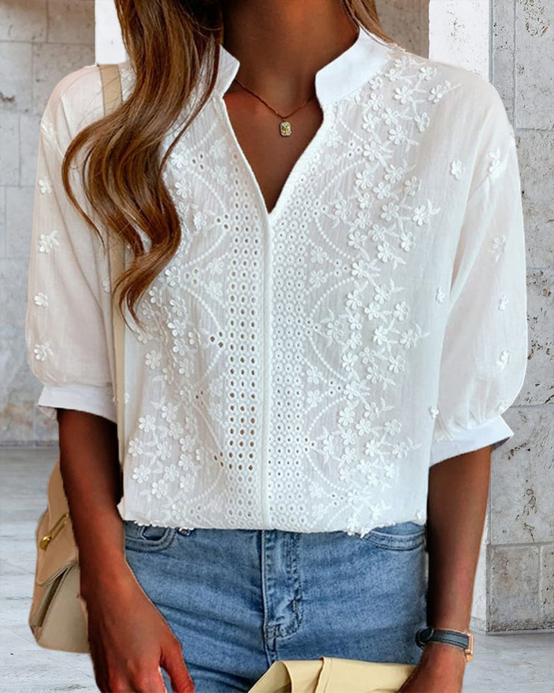 Women's white V-neck blouse with puff sleeves and patchwork detail, cotton-lace blend