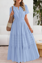 Women smocked midi dress short sleeve boho flowing skirt
