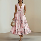 Women flowy pleated midi dress in beige, lightweight casual summer style